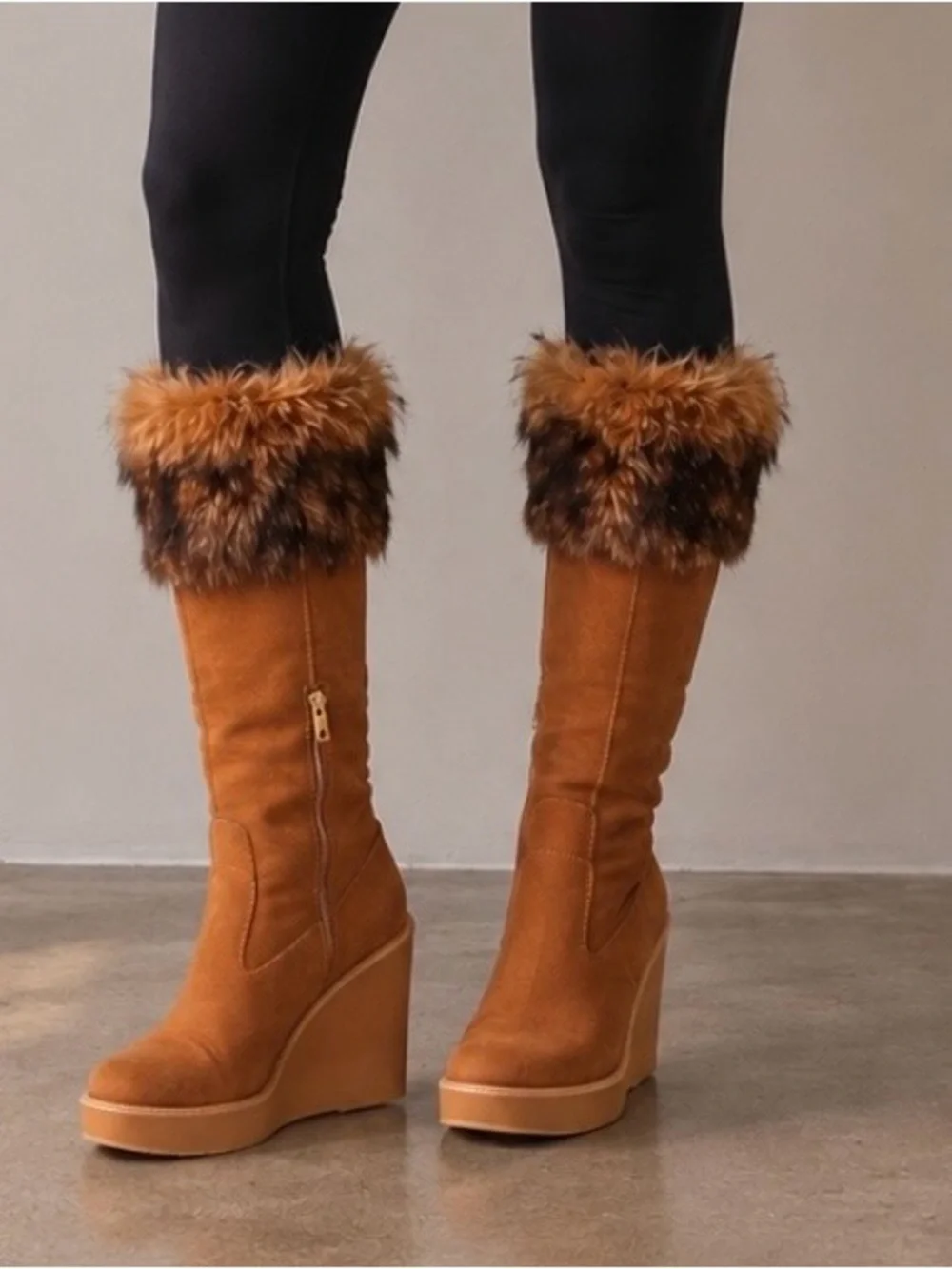 UGG Valberg Chestnut Suede Leather Fur Wedge Boots Tall Size 9 NWOB